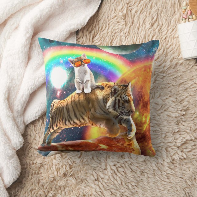 Space Galaxy Cat Riding Tiger on Pizza             Cushion (Blanket)