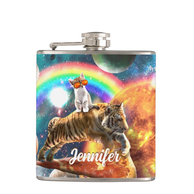 Space Galaxy Cat Riding Tiger on Pizza             Hip Flask (Front)