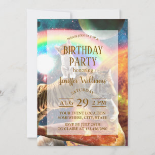 Space Galaxy Cat Riding Tiger on Pizza             Invitation
