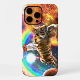 Space Galaxy Cat Riding Tiger on Pizza iPhone 16 Pro Max Case