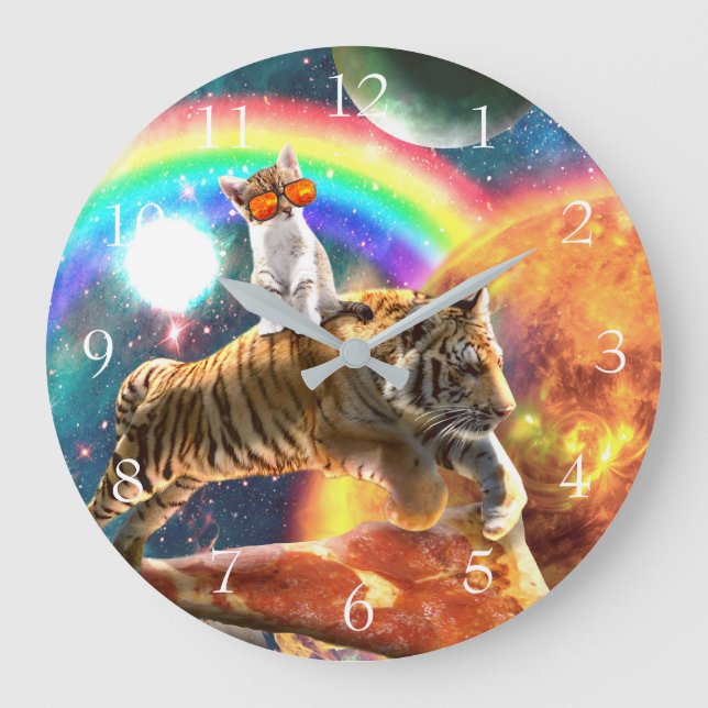 Space Galaxy Cat Riding Tiger on Pizza             Large Clock (Front)