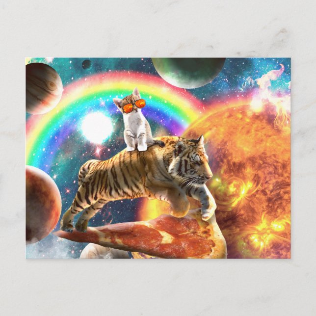 Space Galaxy Cat Riding Tiger on Pizza             Postcard (Front)