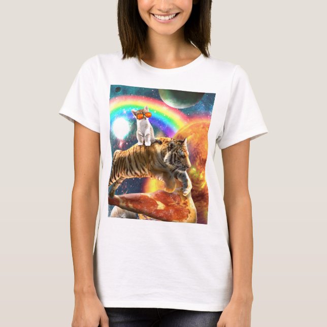 Space Galaxy Cat Riding Tiger on Pizza             T-Shirt (Front)