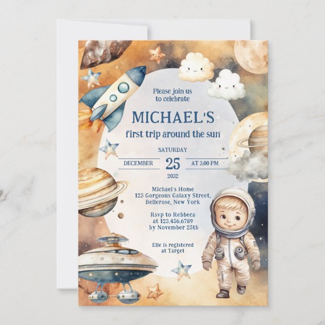 Space Galaxy First Trip Around the Sun Birthday Invitation (Front)