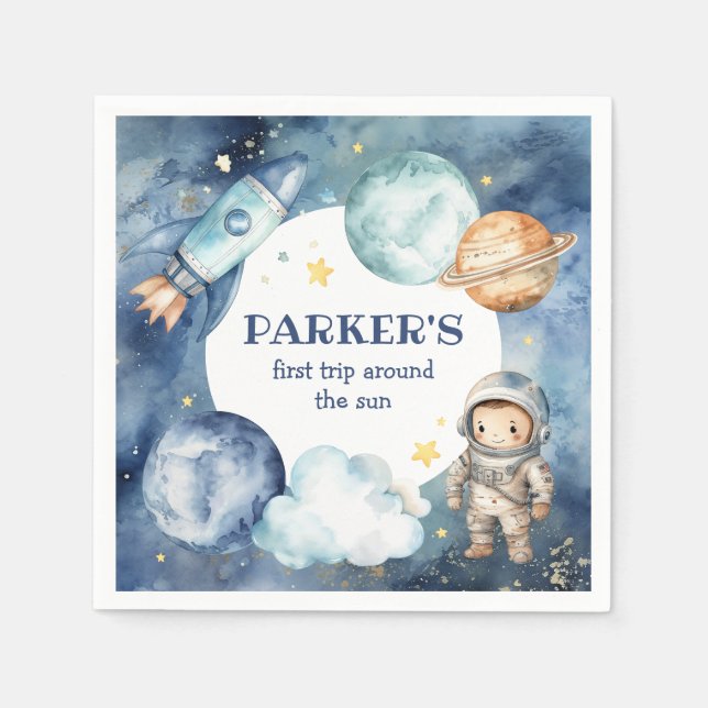 Space Galaxy First Trip Around the Sun Birthday Napkin (Front)