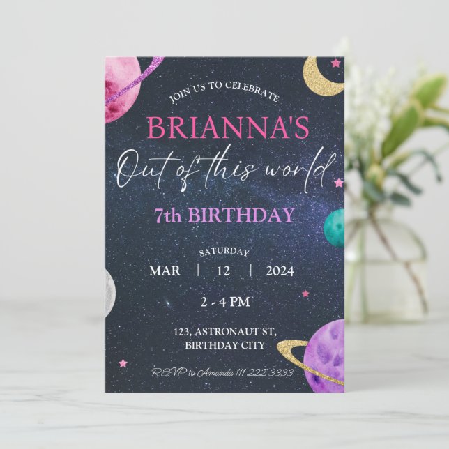 Space Galaxy Girl 3rd 5th 6th 7th 8th 9th Birthday Invitation (Standing Front)