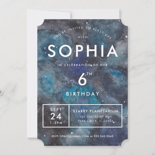 Space Galaxy in Blue Birthday Party Invitation (Front)