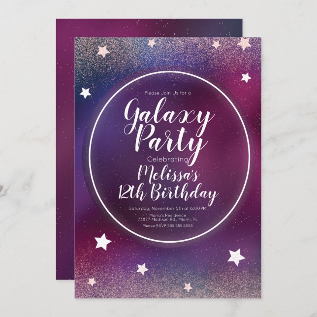 Space Galaxy Nebula Glitter Moon Birthday Invitation (Front/Back)