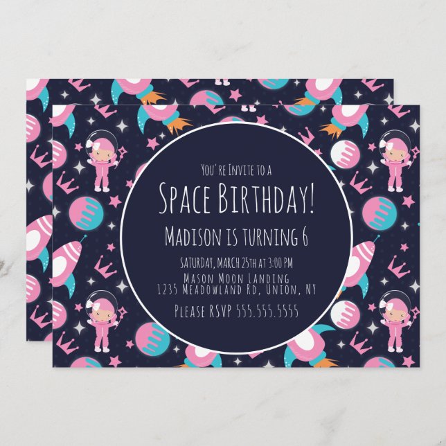 Space Galaxy Pink Princess Astronaut Birthday Invitation (Front/Back)