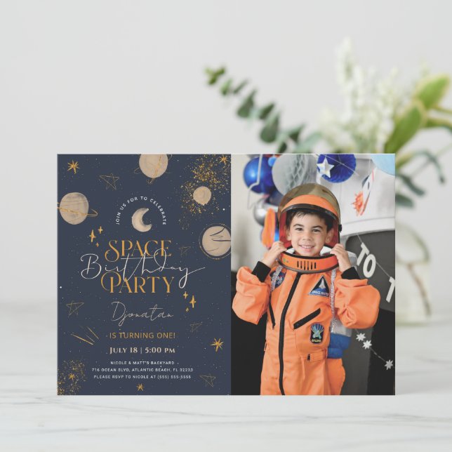 Space Galaxy Planet Birthday Invitation With Photo (Standing Front)
