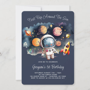 Space Galaxy Planets and Stars First Birthday Invitation