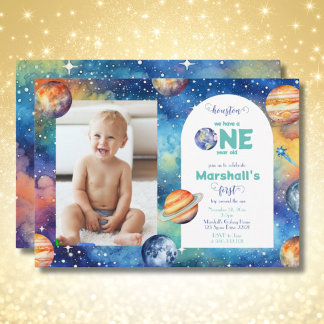 Space Galaxy ✨ Planets Photo First Birthday Invitation