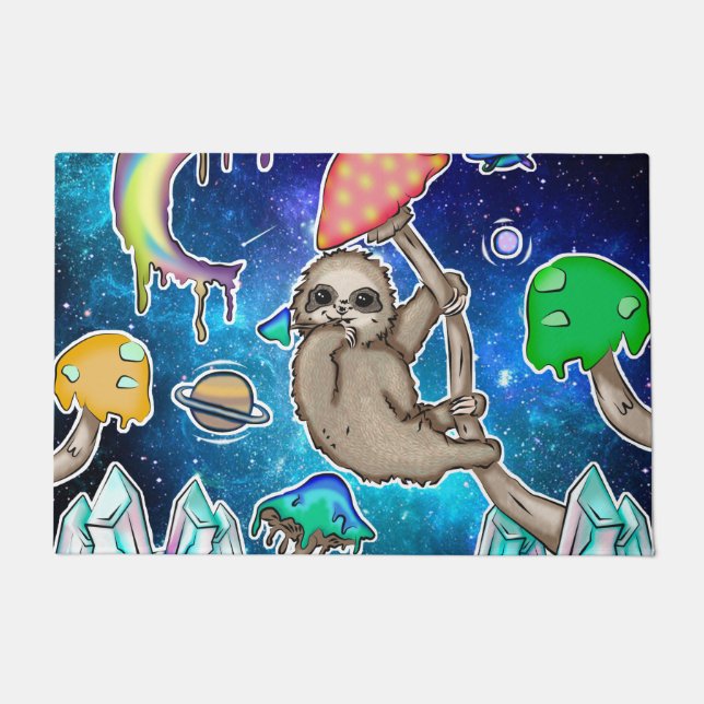 Space Galaxy Sloth Cosmic Mushrooms Weird Crystal Doormat (Front)