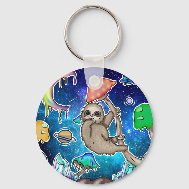 Space Galaxy Sloth Cosmic Mushrooms Weird Crystal Key Ring (Front)