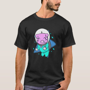 Space Galaxy Stars Flying Piggy Spaceship Pink Smi T-Shirt