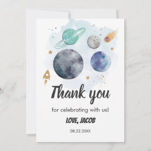Space Galaxy Watercolor Planet Rocket 1st Birthday Thank You Card
