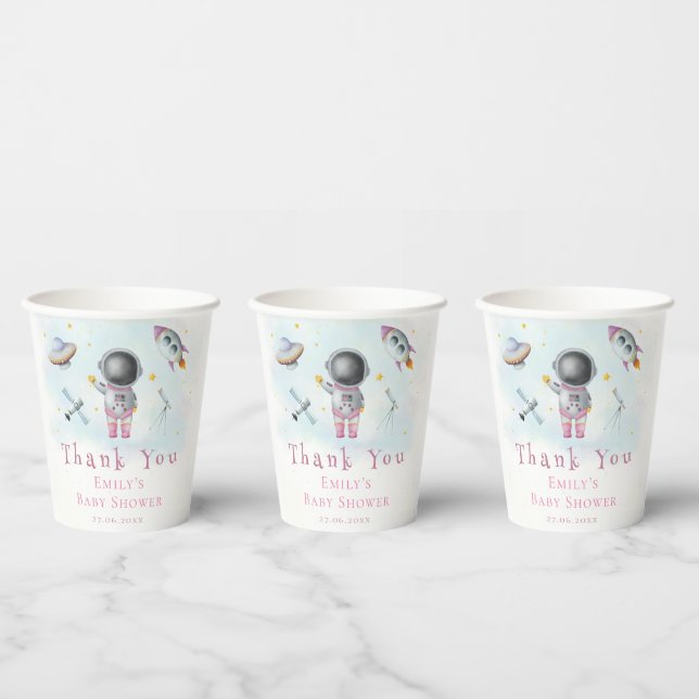 Space girl Astronaut pink rocket stars Baby Shower Paper Cups (Multi)