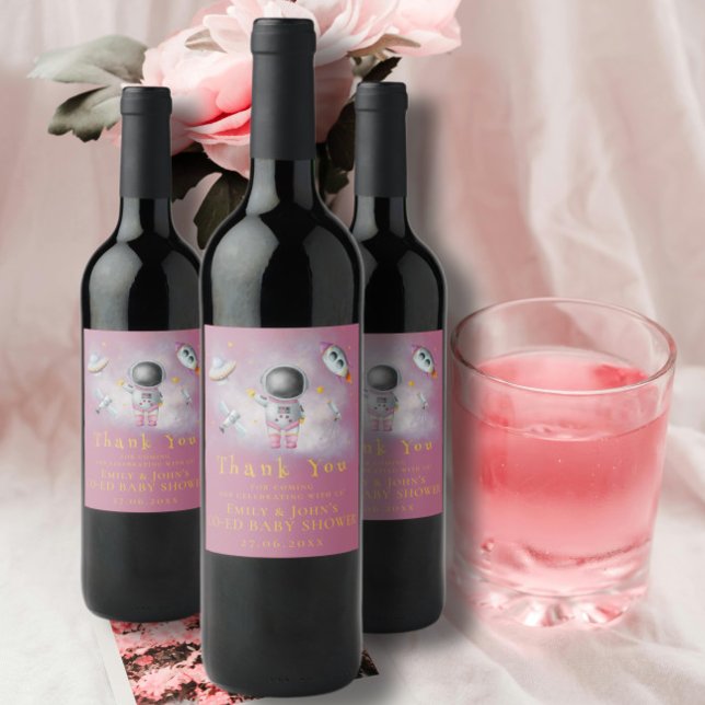 Space girl Astronaut pink rocket stars Baby Shower Wine Label (Creator Uploaded)