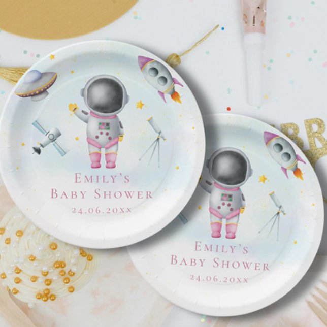 Space girl Astronaut rockets ufo stars Baby Shower Paper Plate (Creator Uploaded)