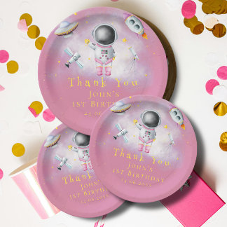Space girl Astronaut rockets ufo stars Birthday Pa Paper Plate