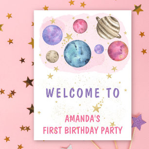 Space Girl Birthday Pink Planets Welcome Party Poster