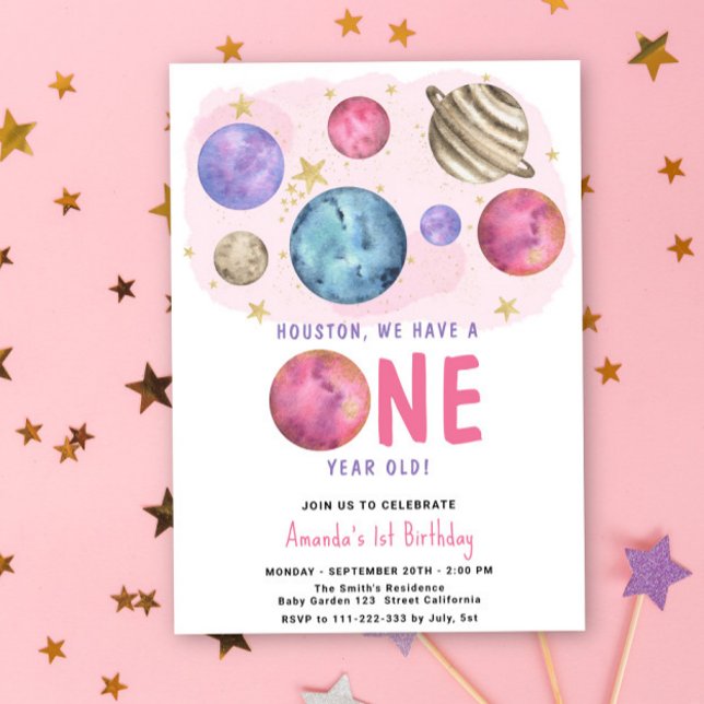 Space Girl First Birthday Moon Star Party Invitation (Creator Uploaded)