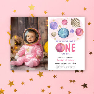 Space Girl First Birthday Moon Star Party Invitation