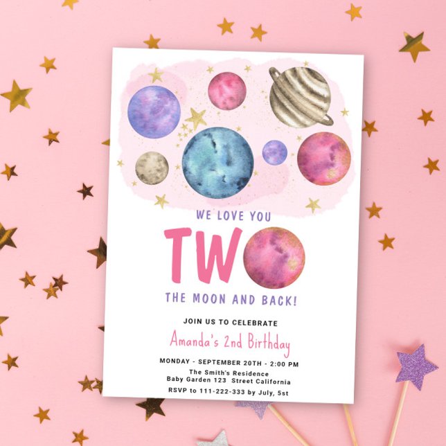 Space Girl Two the Moon Birthday Star Party Invitation (Creator Uploaded)