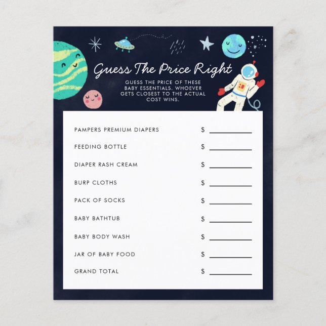 Space Guess The Price Right Baby Shower Game (Front)