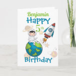 Space Happy 5th Birthday Card<br><div class="desc">A fun Space design card for a 5th birthday featuring an astronaut sitting on the world with a space rocket near by and a background of planets and shooting stars. A fun a design for those little boys who will be five years old. Can be personalised by amending the name...</div>