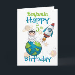 Space Happy 5th Birthday Card<br><div class="desc">A fun Space design card for a 5th birthday featuring an astronaut sitting on the world with a space rocket near by and a background of planets and shooting stars. A fun a design for those little boys who will be five years old. Can be personalised by amending the name...</div>