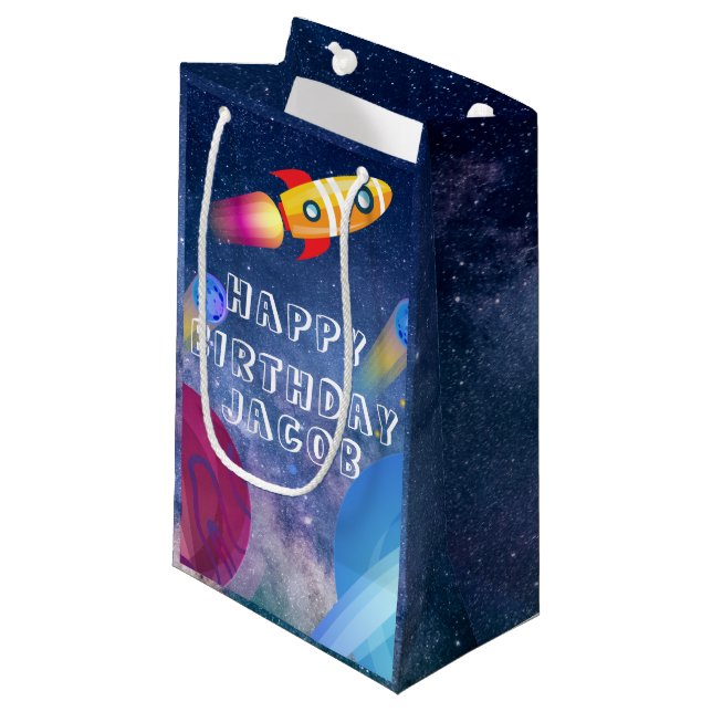 Space Happy Birthday Personalised Small Gift Bag (Front Angled)
