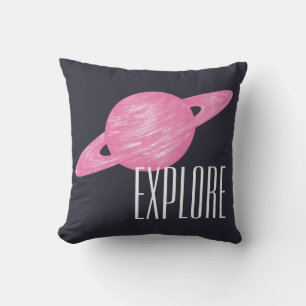 Space Illustration of Saturn Pink Blue Explore Cushion
