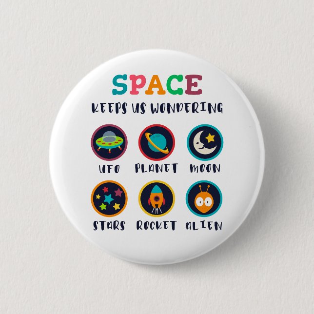Space keeps us wondering 6 cm round badge (Front)