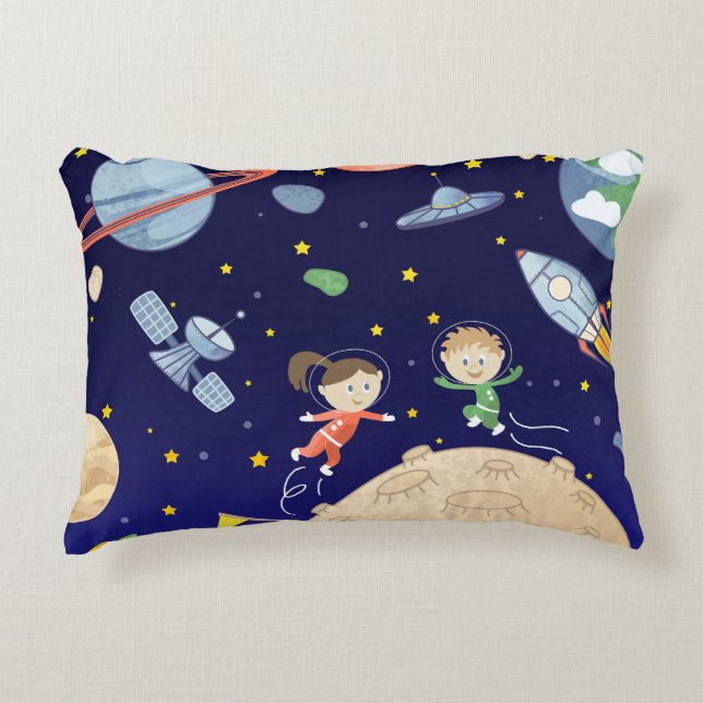 Space kids moon landing spaceship satellite stars  decorative cushion (Front)