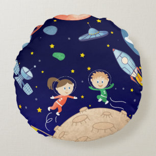 Space kids moon landing spaceship satellite stars  round cushion