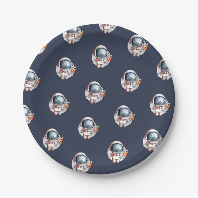 Space Man Rocket ship Moon Paper Plate (Front)