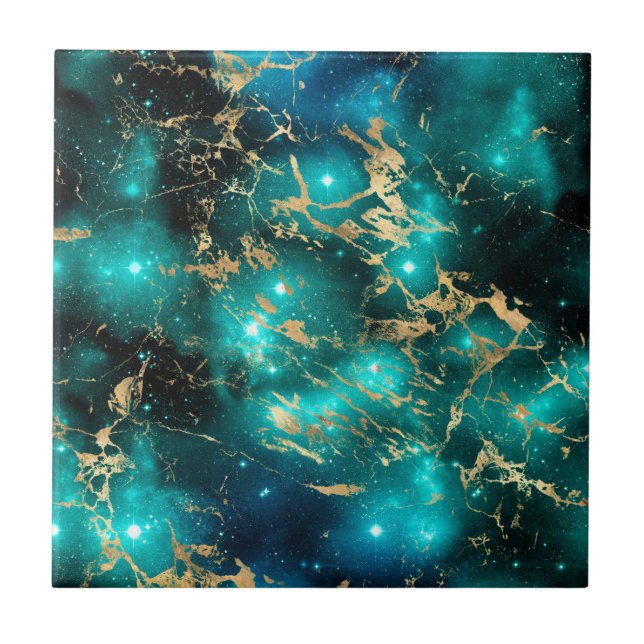 Space Marble Black Green Starry Night Golden Ceramic Tile (Front)