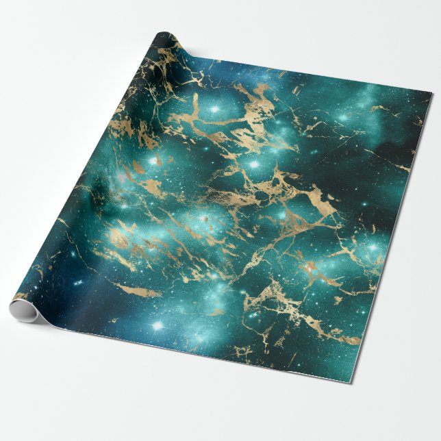 Space Marble Black Green Starry Night Golden Wrapping Paper (Unrolled)