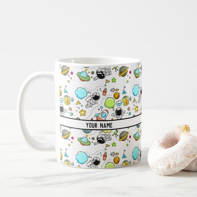 Space Mission Cartoon Pattern - Custom Name Coffee Mug (With Donut)