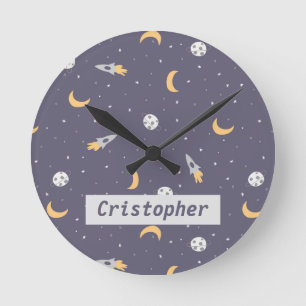 Space Moon Rocket Planet Stars Round Clock