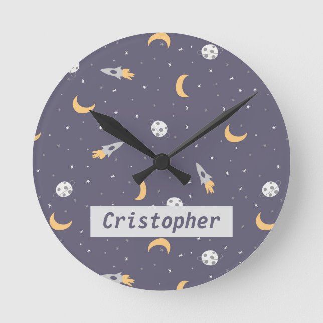 Space Moon Rocket Planet Stars Round Clock (Front)