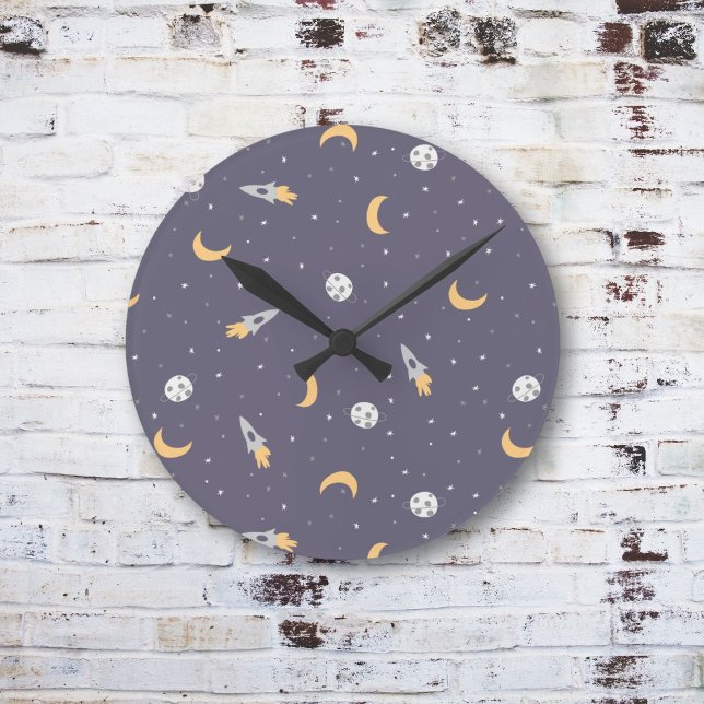 Space Moon Rocket Planet Stars Round Clock (Creator Uploaded)