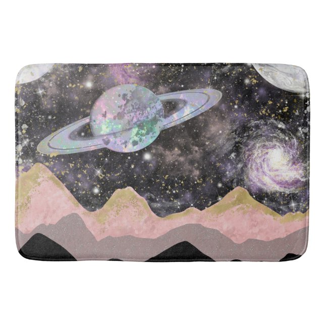 Space Mountains Gold Starry Sky Galaxy Planets Bath Mat (Front)