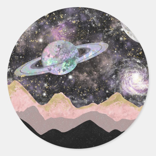 Space Mountains Gold Starry Sky Galaxy Planets Classic Round Sticker (Front)