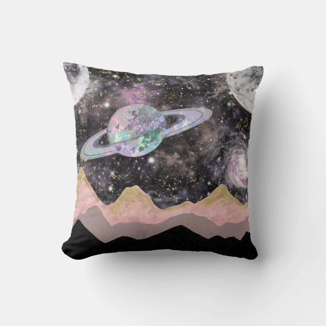 Space Mountains Gold Starry Sky Galaxy Planets Cushion (Front)