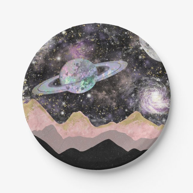 Space Mountains Gold Starry Sky Galaxy Planets Paper Plate (Front)