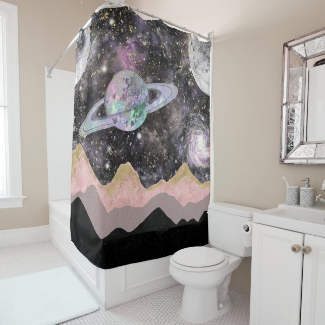Space Mountains Gold Starry Sky Galaxy Planets Shower Curtain (In Situ)