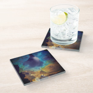 Space Nebula blue yellow Alcohol ink art Glass Coaster