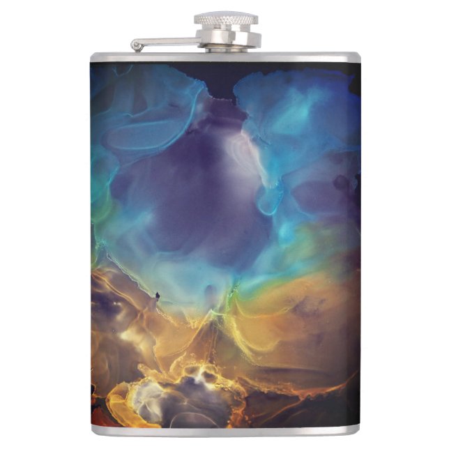 Space Nebula blue yellow Alcohol ink art  Hip Flask (Front)